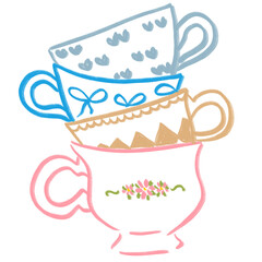 Hand drawn kind of cup with ribbon bow, heart, floral ornament coquette style. Cute aesthetic coquette cup of tea illustration.