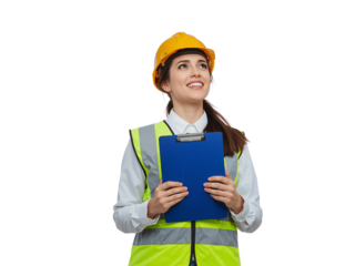 Optimistic female construction worker in hard hat holding clipboard with transparent setting
