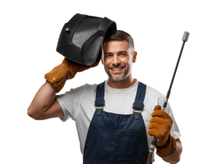 Smiling welder holding up his protective mask after finishing a project against isolated