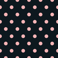 Stylish dark navy background with soft pink polka dots, seamless vector pattern for fabric, wallpapers, and gift wrap.