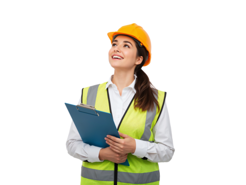 Female engineer with safety helmet and reflective vest, smiling and holding a clipboard on - Powered by Adobe
