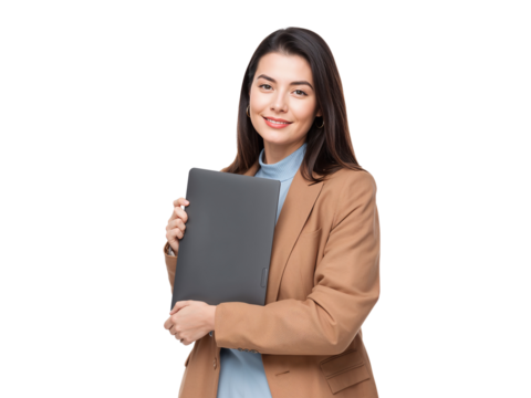 Confident businesswoman with laptop isolated on a transparent layer radiating professionalism