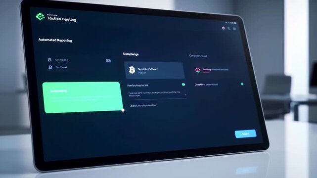 Tablet displaying automated reporting interface with progress indicators in a modern office setting