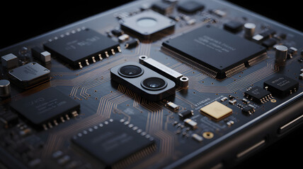 Close up view of a complex circuit board featuring integrated chips and a dual lens camera module