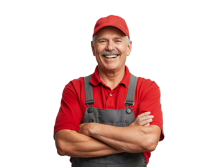 Cheerful senior repairman with folded arms radiates positivity on transparent display
