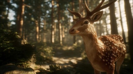 A spotted deer gazes serenely into a sunlit forest.