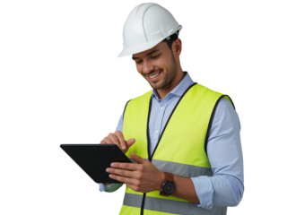 Smiling construction worker analyzing digital plans using tablet, isolated transparent space
