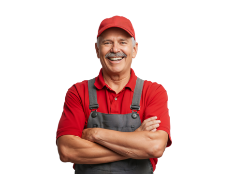 Cheerful senior repairman with folded arms radiates positivity on transparent display