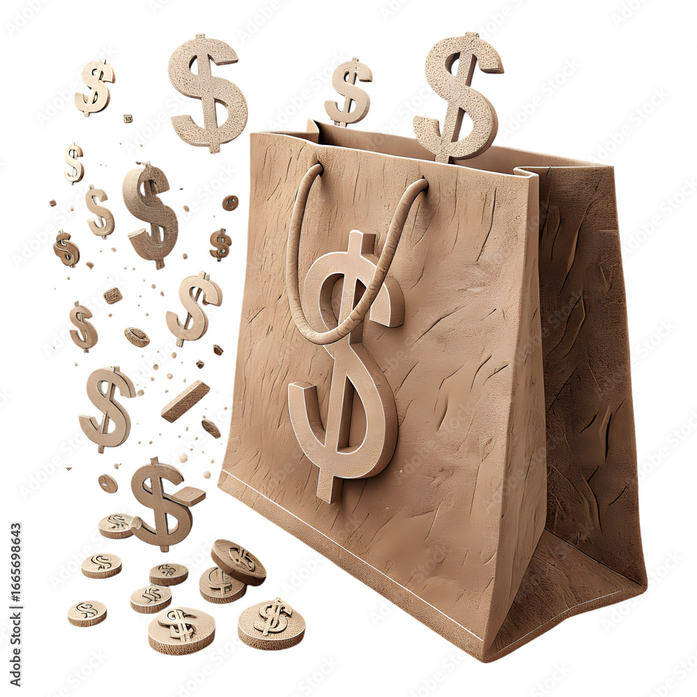 Poster clay shopping bag with floating dollar signs isolated on a transparent background image png file