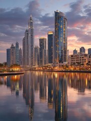 Obraz premium Stunning cityscape at twilight, reflecting in a calm lagoon