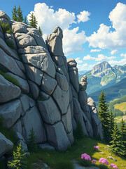 Imitation of a picture. Oil paint. Illustration. Rocks Stolby in the foothills of the Sayan Mountains near the city of Krasnoyarsk