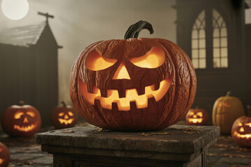 Illuminated Jack O Lanterns in Graveyard Setting with Stone Structure and Full Moon in the Background