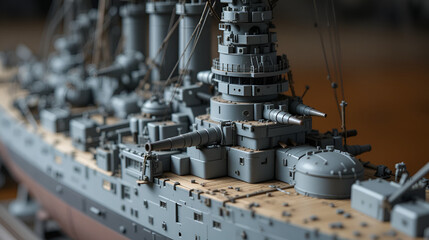 Close up view of a battleship model showcasing its deck and weaponry. Historical naval power and military strategy concept.
