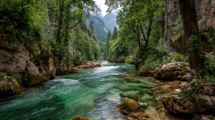Obraz premium Emerald river winding through a lush canyon