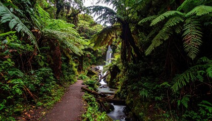Lush Greenery Lines Path to Jungle Waterfall