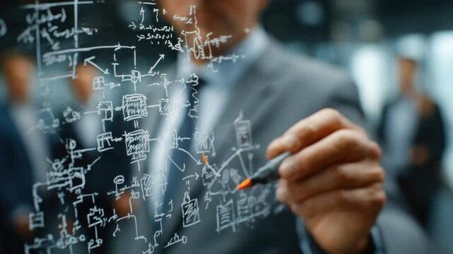 Business Professional Writing Ideas on Glass with Marker in Busy Office Environment Featuring Flowcharts and Diagrams for Corporate Innovation Strategy
