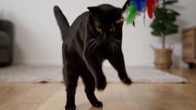 An energetic, slow-motion shot of a cute cat jumping and catching a feather toy, a concept for playful pets and active indoor cats.