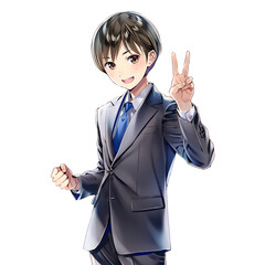 Vサインをする若いビジネスマン（漫画・アニメ調）