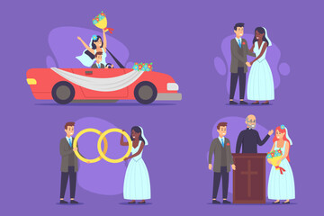 Collection of various marriage activities like exchanging vows, wedding car, and celebratory moments. Joy and unity during special occasion concept