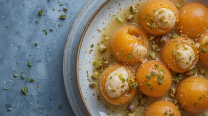 Overhead view of poached apricots with pistachio and amaretto mascarpone