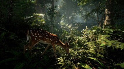 A spotted deer navigates a lush, sunlit forest floor, dappled with vibrant greenery.