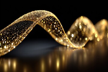 Glittering gold ribbon swirls on dark background, reflecting light