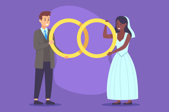 Joyful couple celebrating their marriage by holding wedding rings together in colorful and vibrant setting. Couple radiating happiness and commitment on their special day