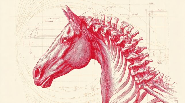 Detailed anatomical study of a horse's head and neck, rendered in vibrant crimson hues, set against a backdrop of intricate scientific diagrams.