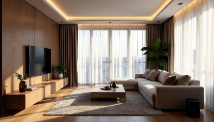 Luminous living space, layered curtains, wood-look laminate , room, floor