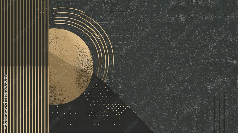 Poster a sophisticated abstract design featuring a golden circle within a dark gray backdrop, accentuated b
