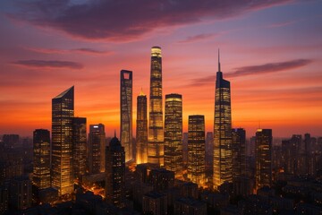 Obraz premium A vibrant city skyline at sunset with apartment towers and commercial skyscrapers glowing under warm orange, pink, and purple skies, symbolizing urban property growth and real estate investment.