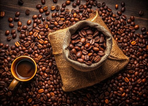 Warm aromatic coffee brews in a woven bag surrounded by coffee beans
