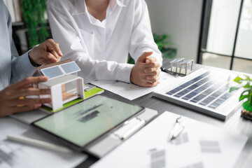 Solar panels green energy Business man working green eco friendly office business creative idea...