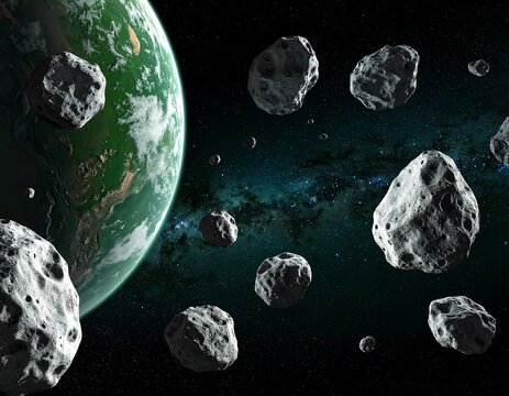 Green planet threatened by asteroids in space