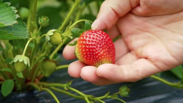 A close-up of a hand picking a ripe, red strawberry from the plant in a garden, a concept for fresh, organic food and summer harvest.