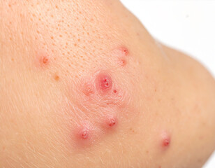 Fototapeta premium Detailed close-up of inflamed acne with red pimples and pustules on the skin. Macro view of a dermatological problem, skin blemish breakout, and health issue