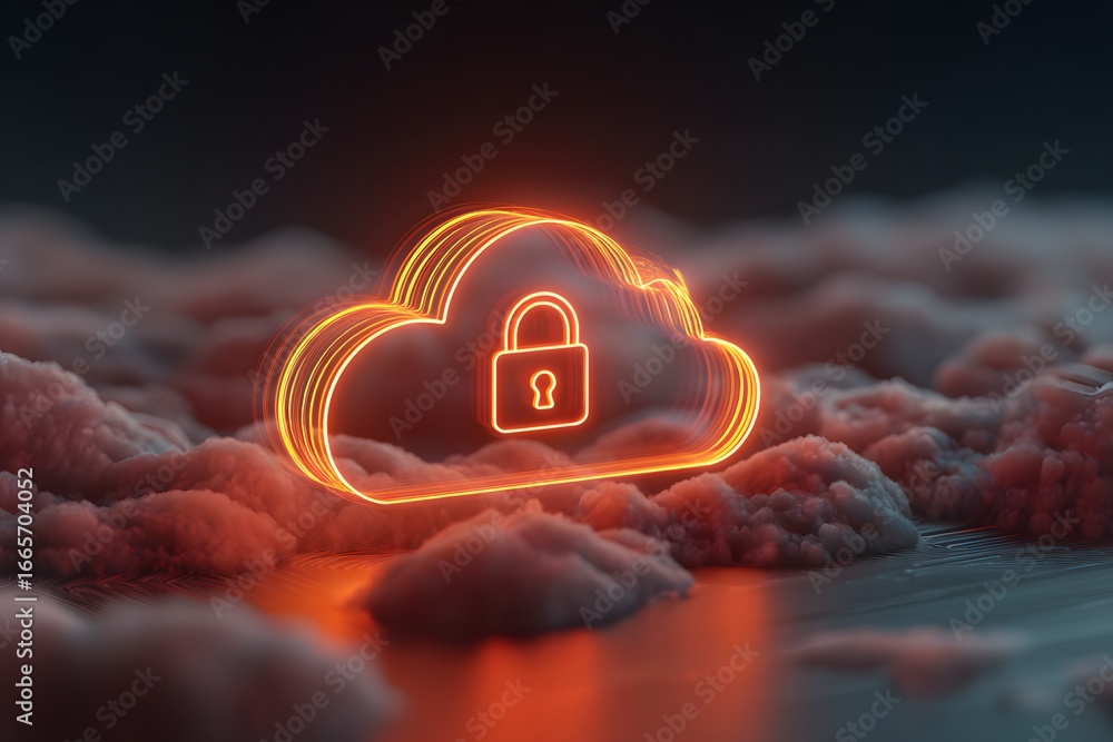 Poster 3d rendering of a digital glowing cloud with a padlock icon on an abstract background, symbolizing d