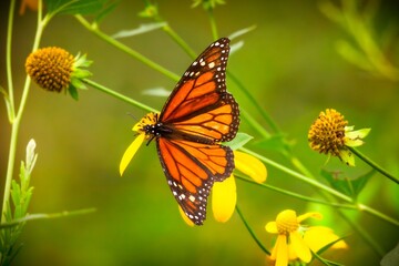 Vibrant monarch butterfly rests on a yellow flower with a blurred green background