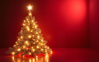 golden and silver lights with christmas tree on red background,bright decoration for merry xmas greeting message.Elegant holiday season social post digital card.Copy type space for text or logo