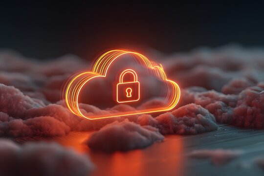 3D rendering of a digital glowing cloud with a padlock icon on an abstract background, symbolizing data security and protection in the virtual computer world. Cloud storage concept for cyber money tra