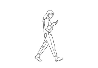 Obraz premium Woman Walking Checking Phone Outline Sketch