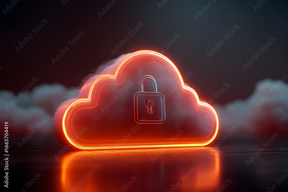 Poster 3d rendering of a digital glowing cloud with a padlock icon on an abstract background, symbolizing d