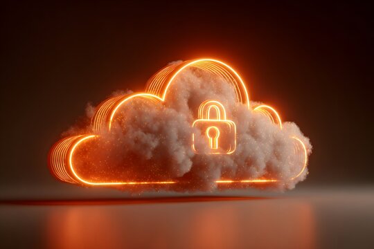3D rendering of a digital glowing cloud with a padlock icon on an abstract background, symbolizing data security and protection in the virtual computer world. Cloud storage concept for cyber money tra