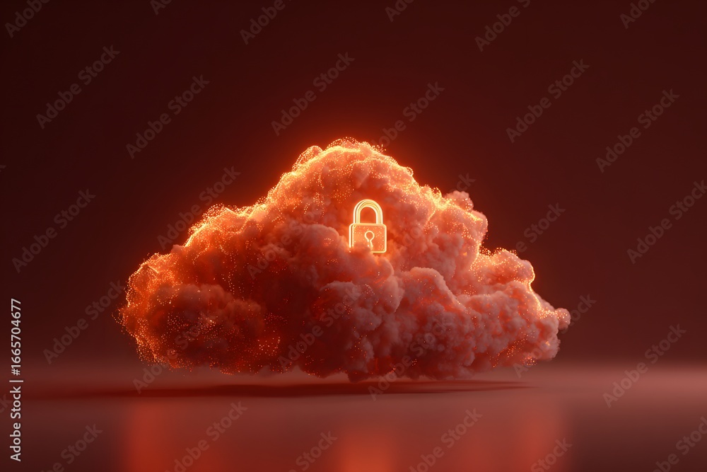 Poster 3d rendering of a digital glowing cloud with a padlock icon on an abstract background, symbolizing d