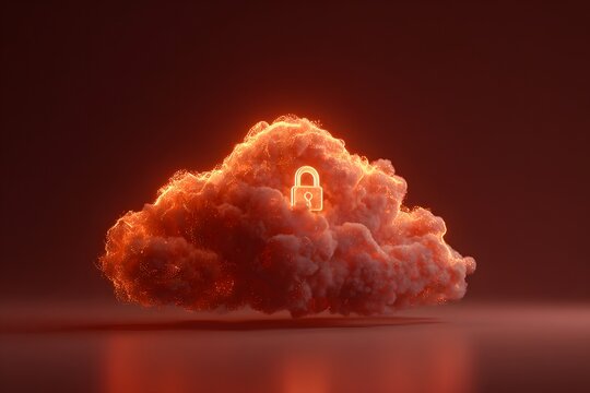 3D rendering of a digital glowing cloud with a padlock icon on an abstract background, symbolizing data security and protection in the virtual computer world. Cloud storage concept for cyber money tra