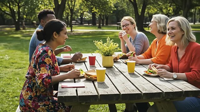 Group enjoys picnic lunch on wooden table in a sun-dappled grassy park