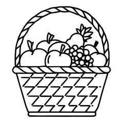 Fruit Basket with Apples and Berries Line Art Vector