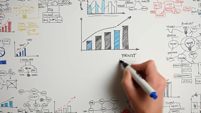 Hand draws a bar graph trending upward on a white board covered in diagrams and text