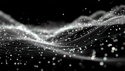 Abstract grayscale waves of light particles on black background