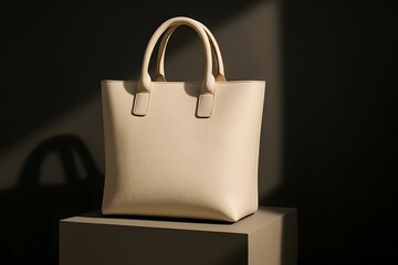 Light beige leather tote bag with handles on display cream